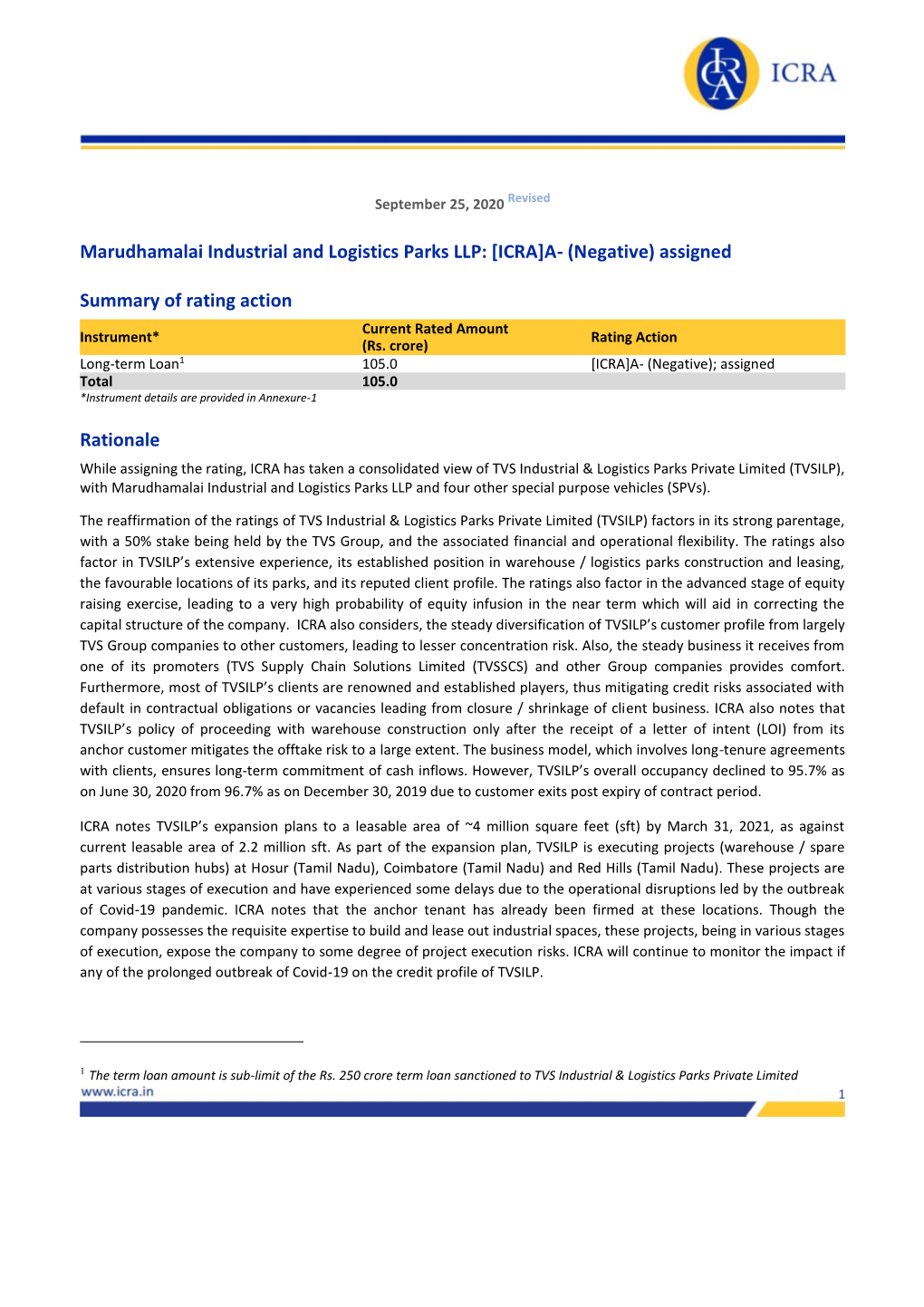 Marudhamalai Industrial and Logistics Parks LLP: [ICRA]A- (Negative) Assigned