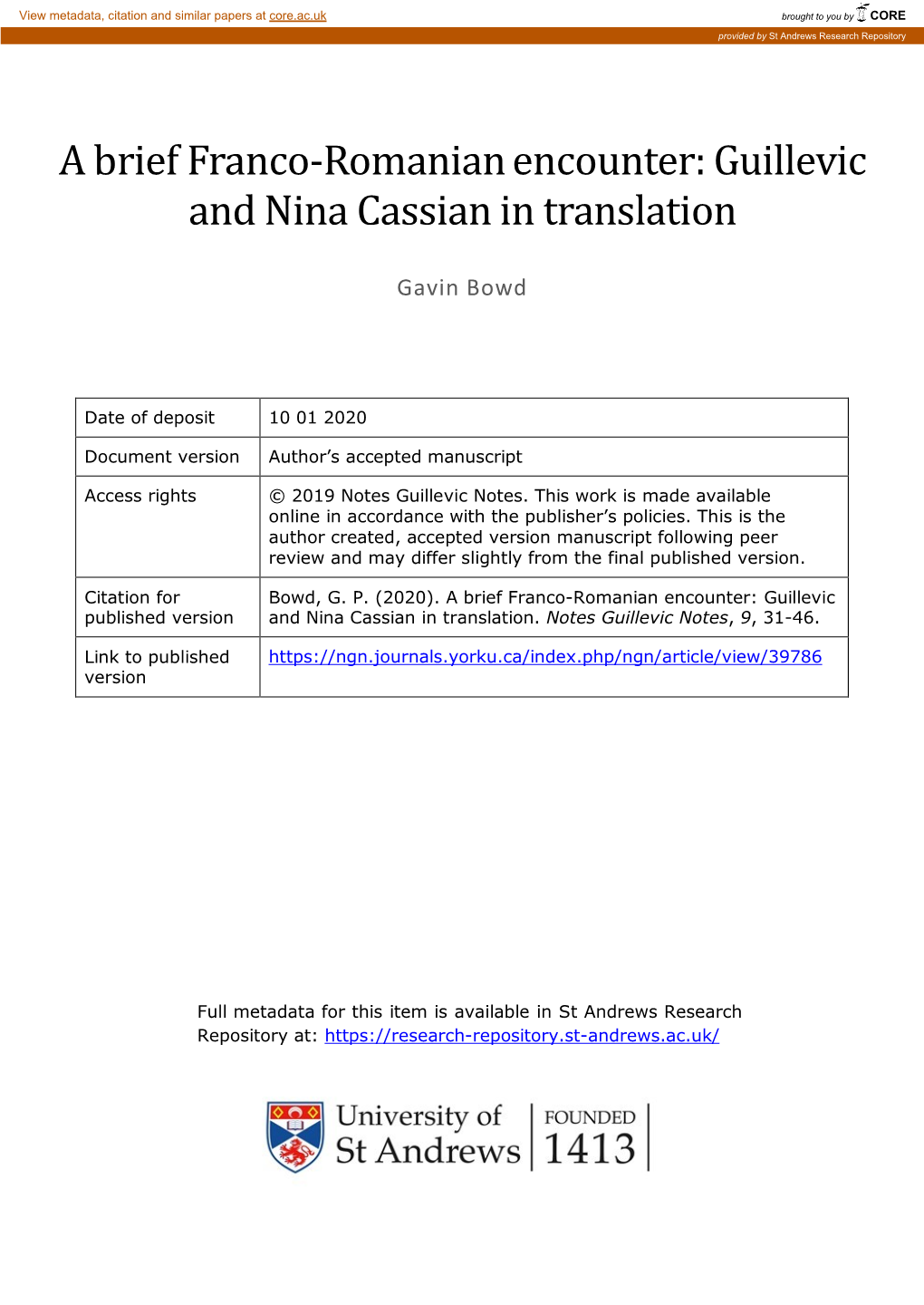 Guillevic and Nina Cassian in Translation