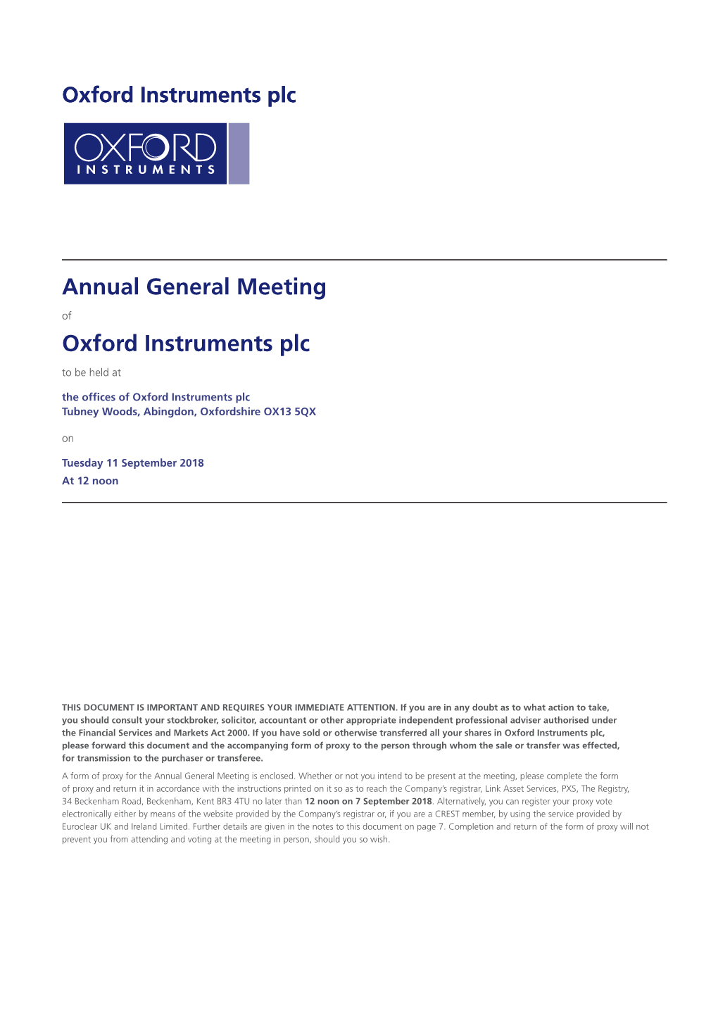 Annual General Meeting Oxford Instruments