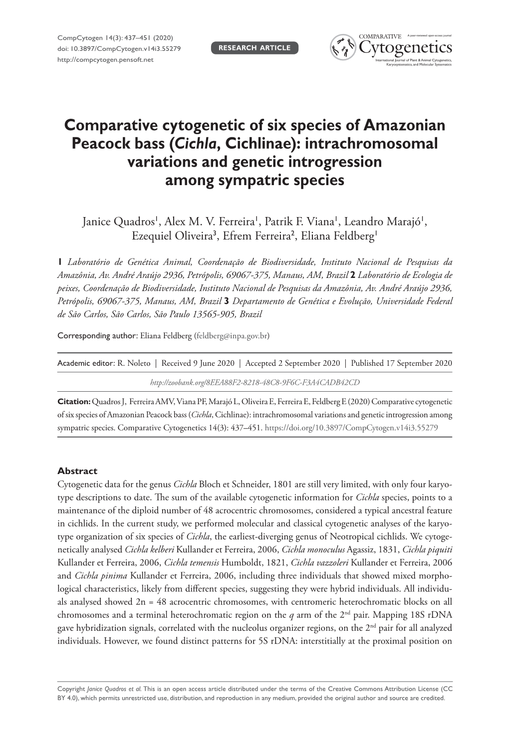 (Cichla, Cichlinae): Intrachromosomal Variations and Genetic Introgression Among Sympatric Species