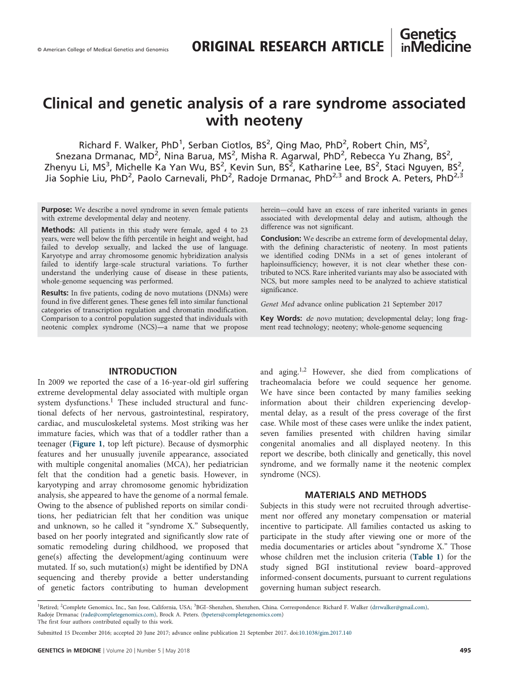 Clinical and Genetic Analysis of a Rare Syndrome Associated with Neoteny