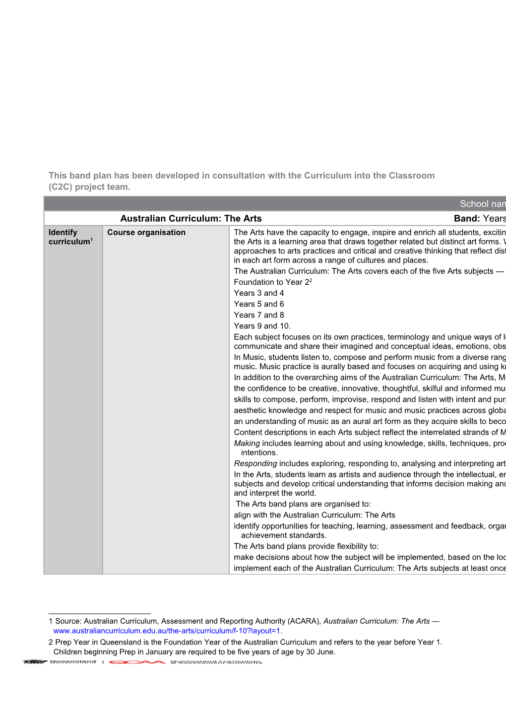 Years 3 And 4 Band Plan — Australian Curriculum: Music: Overview For Australian Curriculum: The Arts