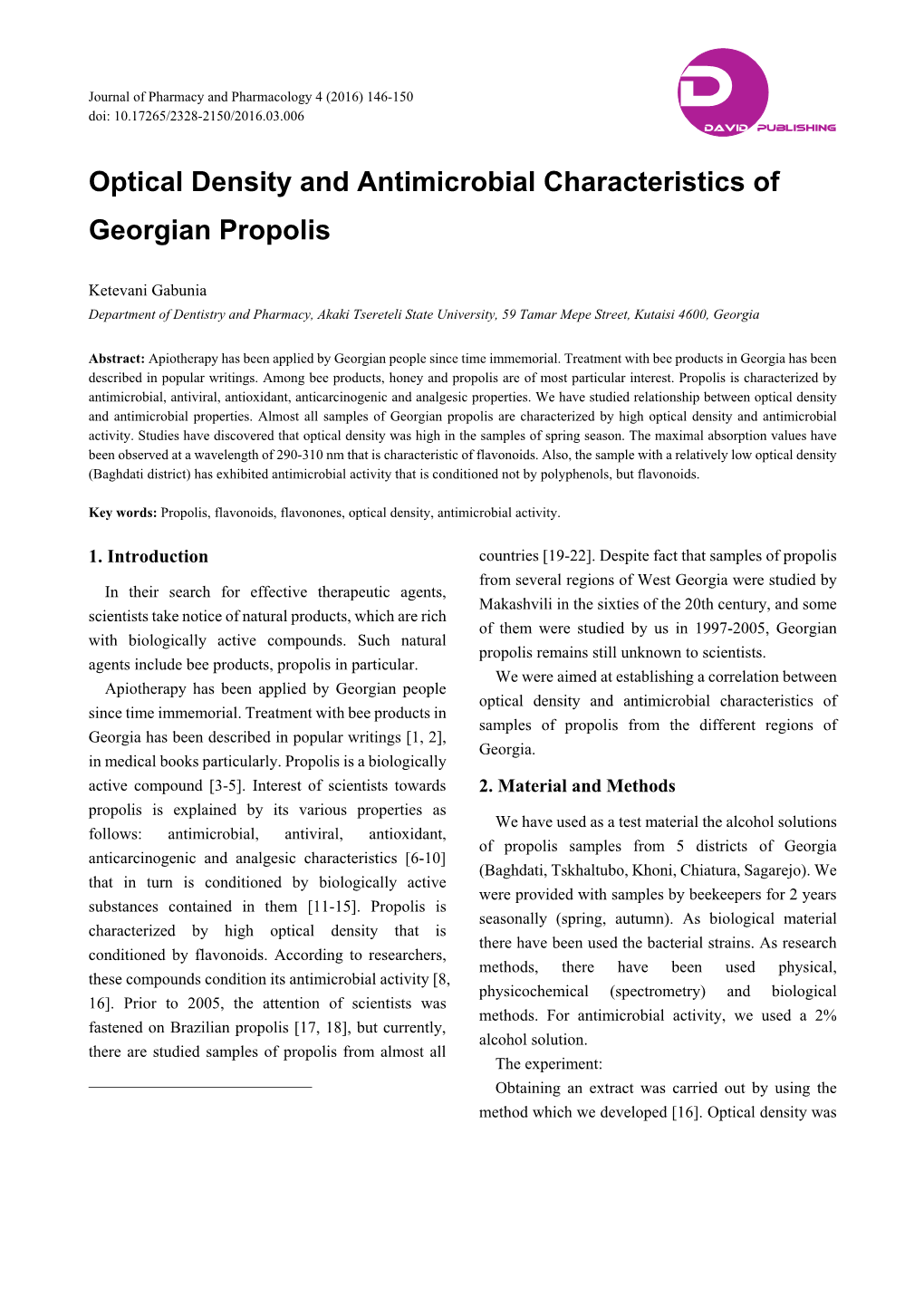 Optical Density and Antimicrobial Characteristics of Georgian Propolis