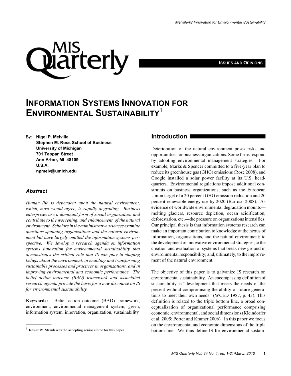 Information Systems Innovation for Environmental Sustainability1