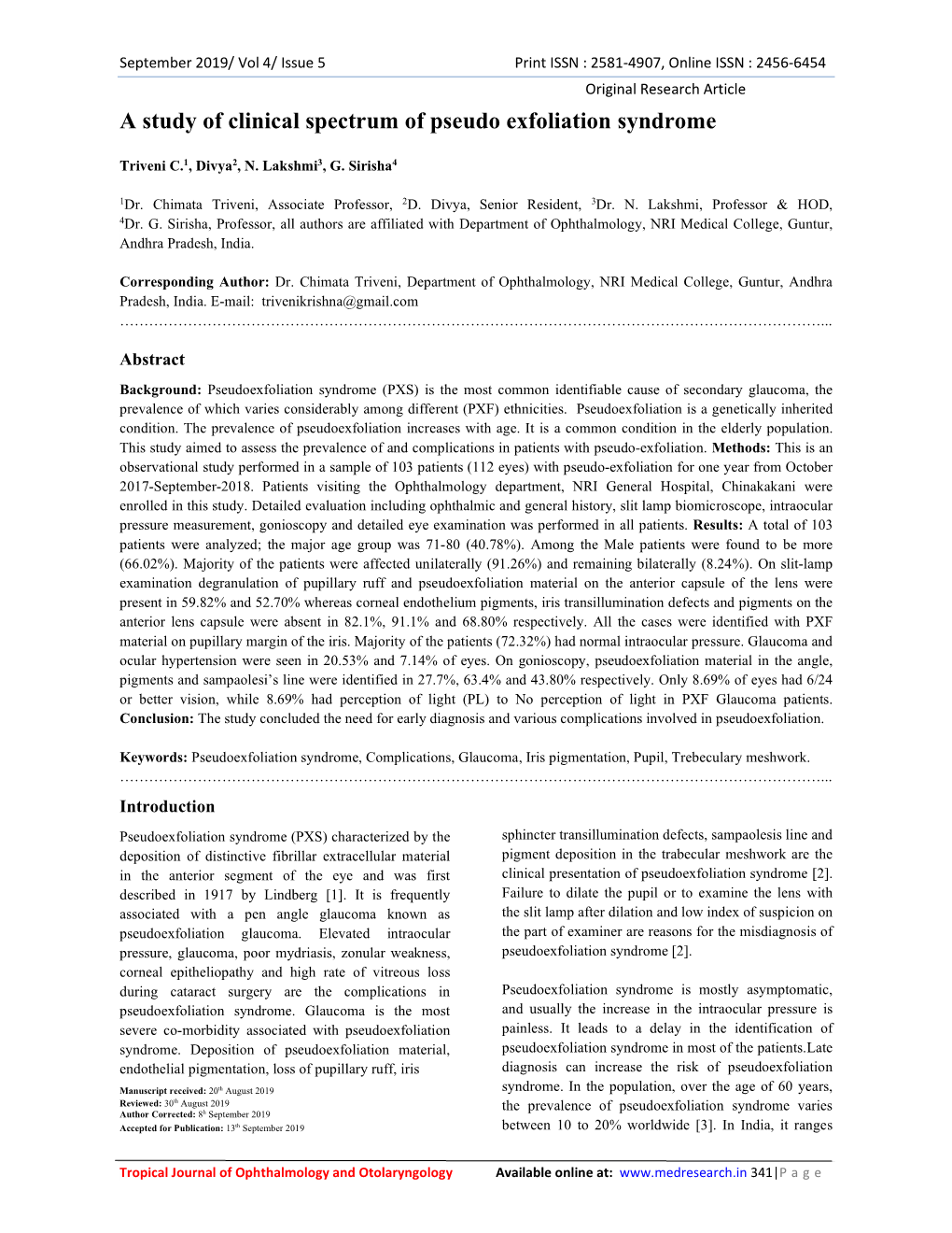 A Study of Clinical Spectrum of Pseudo Exfoliation Syndrome