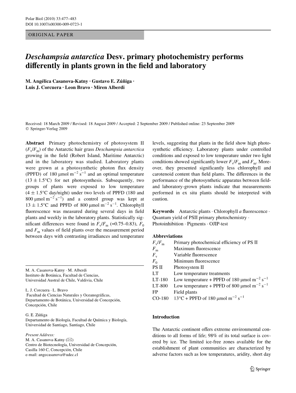 Deschampsia Antarctica Desv. Primary Photochemistry Performs Diverently in Plants Grown in the Weld and Laboratory