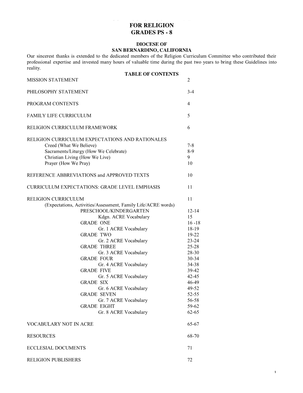 Curriculum Guidelines for Religion Grades Ps - 8