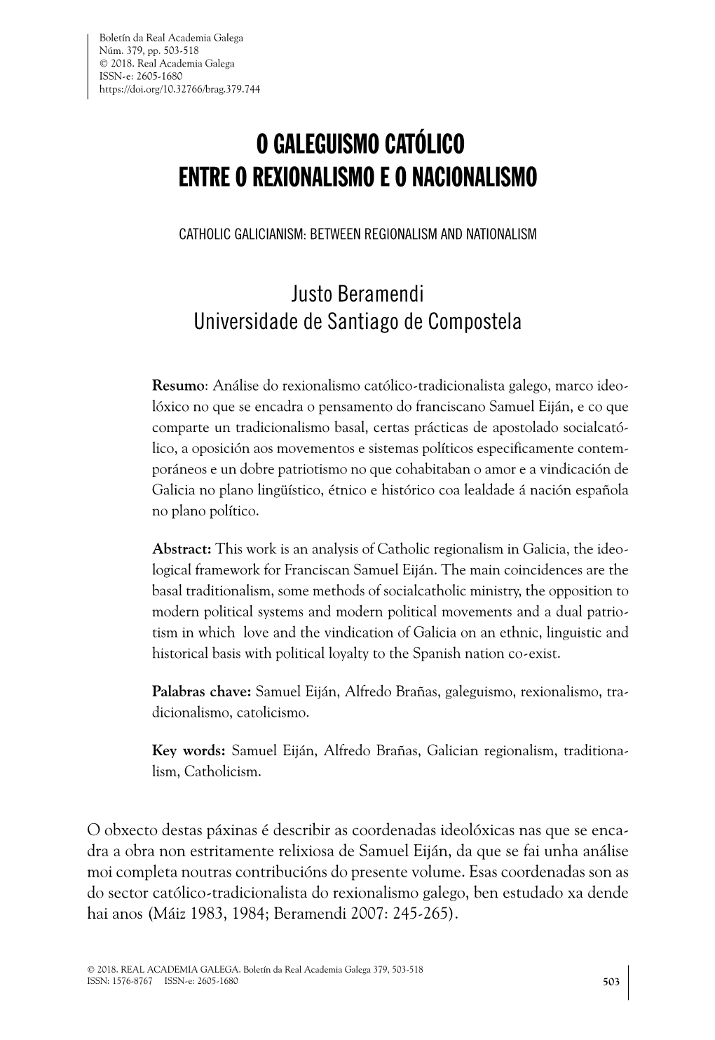 O Galeguismo Católico Entre O Rexionalismo E O Nacionalismo