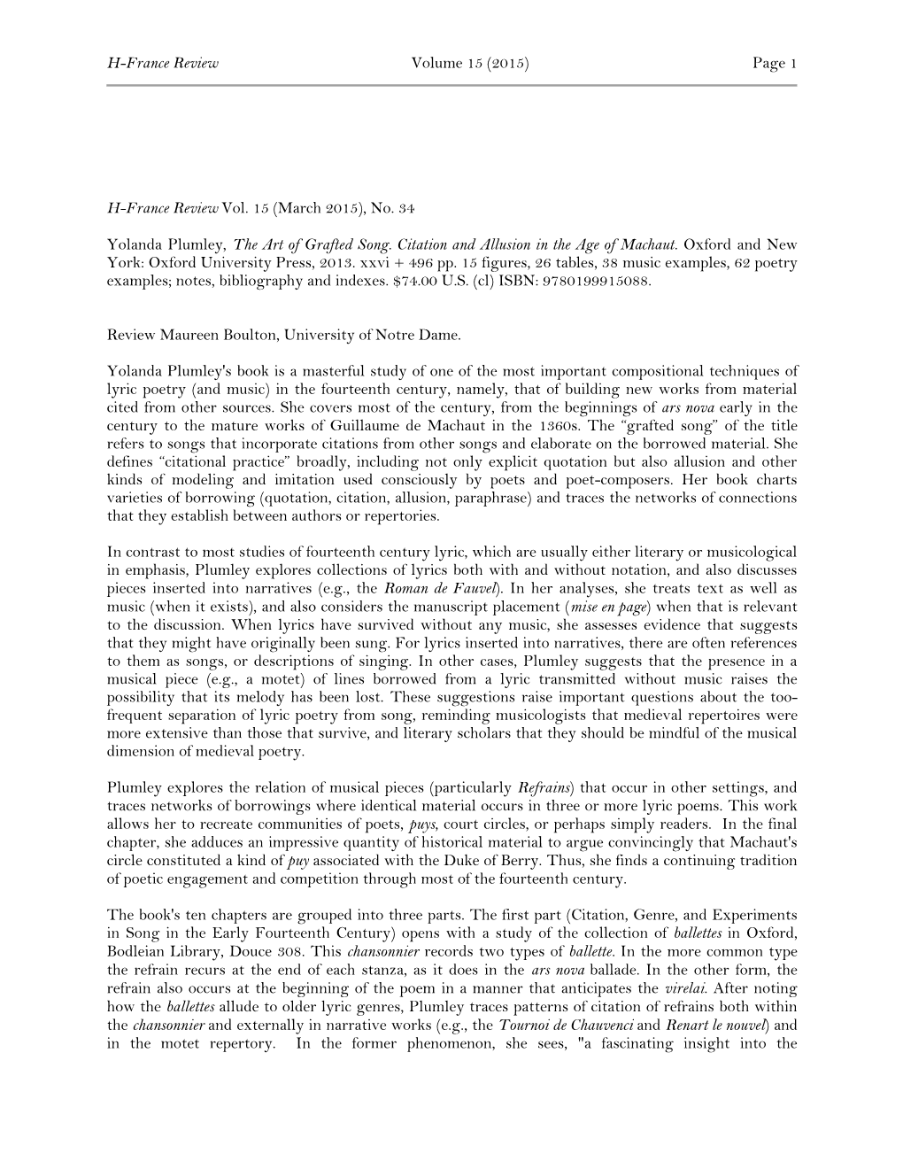 H-France Review Vol. 15 (March 2015), No. 34 Yolanda Plumley, the Art of Grafted Song. C