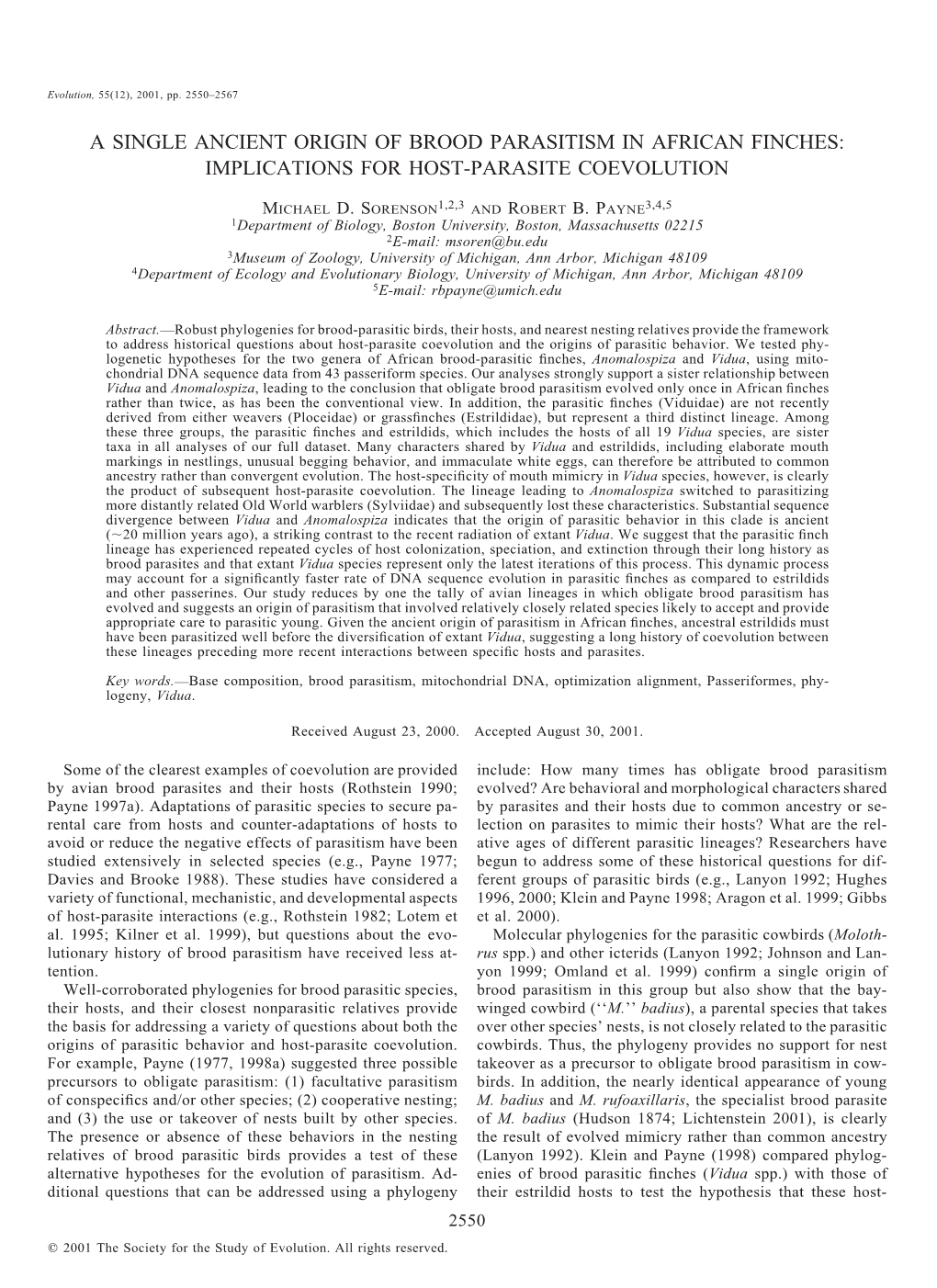 A Single Ancient Origin of Brood Parasitism in African Finches: Implications for Host-Parasite Coevolution