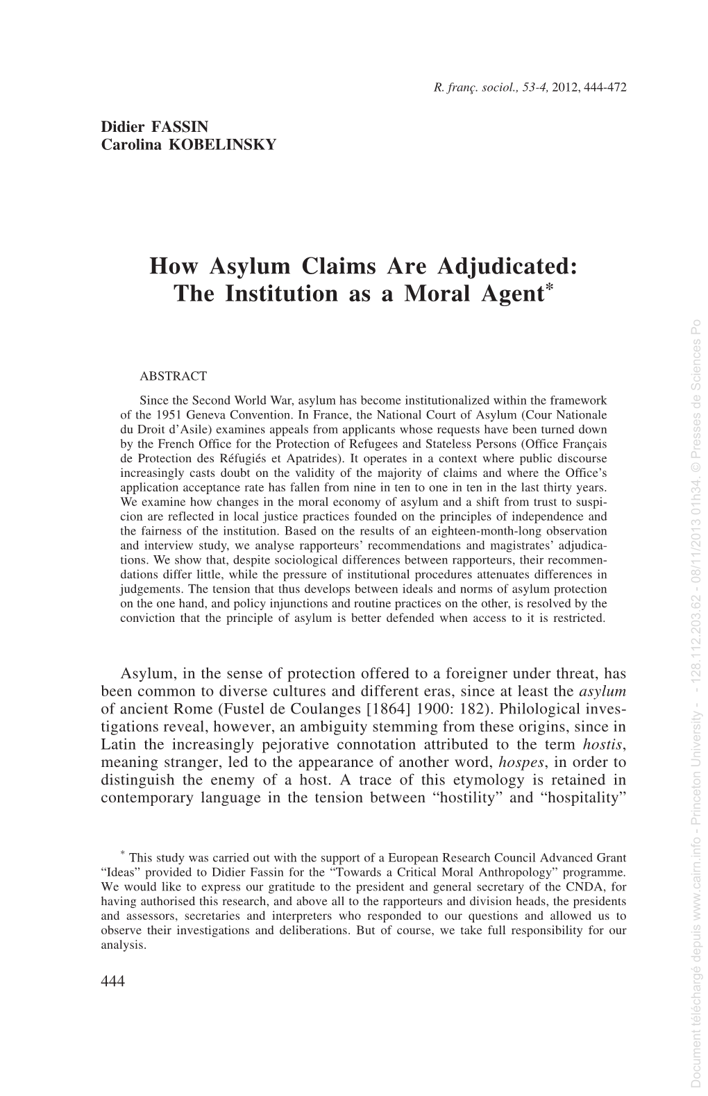 How Asylum Claims Are Adjudicated: the Institution As a Moral Agent* Document Téléchargé Depuis - Princeton University 128.112.203.62 08/11/2013 01H34