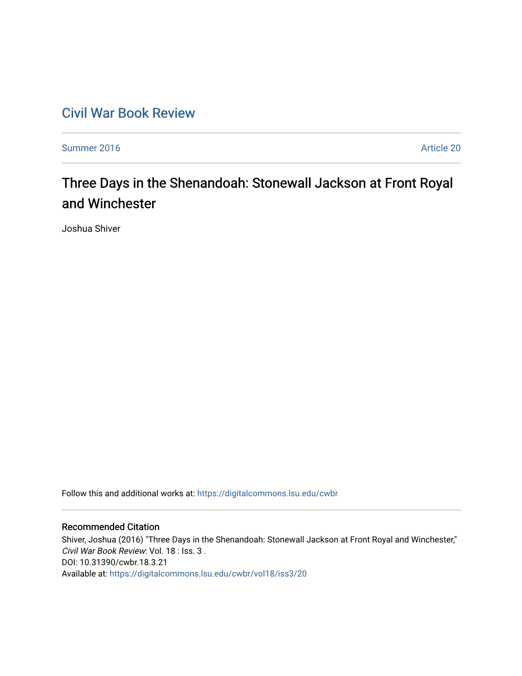 Stonewall Jackson at Front Royal and Winchester