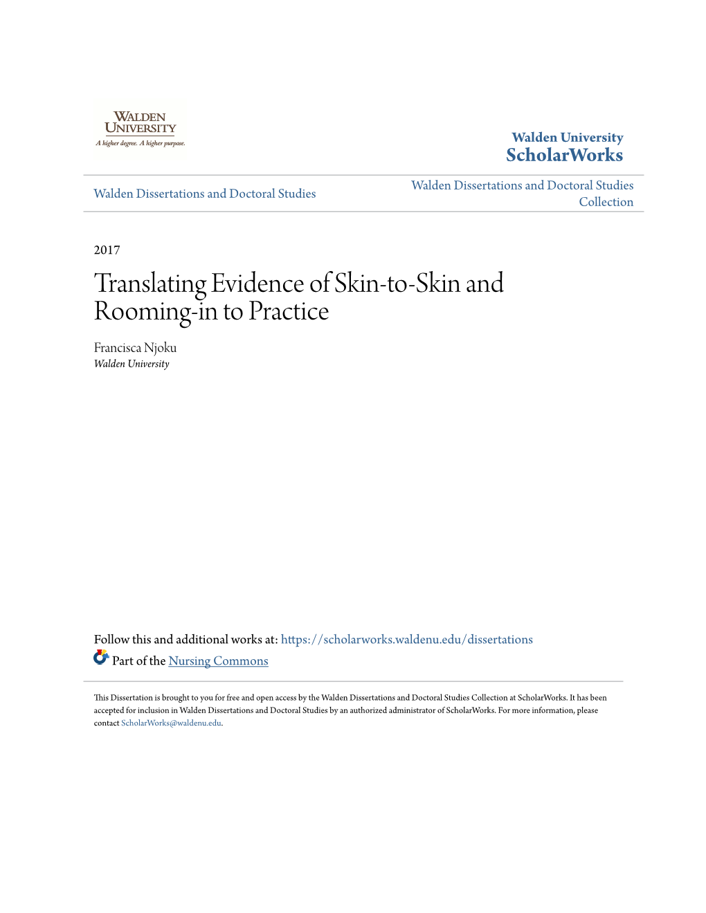 Translating Evidence of Skin-To-Skin and Rooming-In to Practice Francisca Njoku Walden University