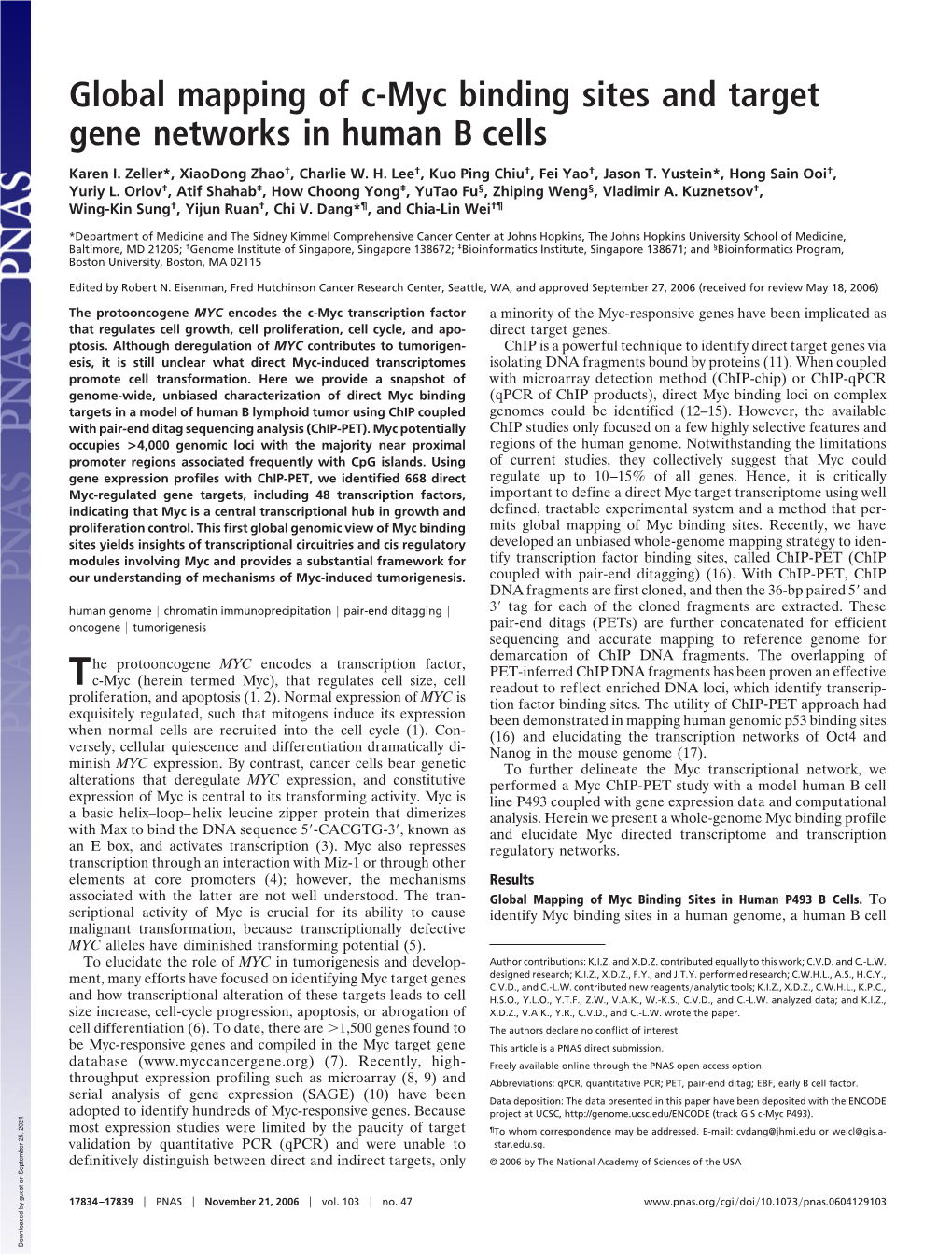 Global Mapping of C-Myc Binding Sites and Target Gene Networks in Human B Cells