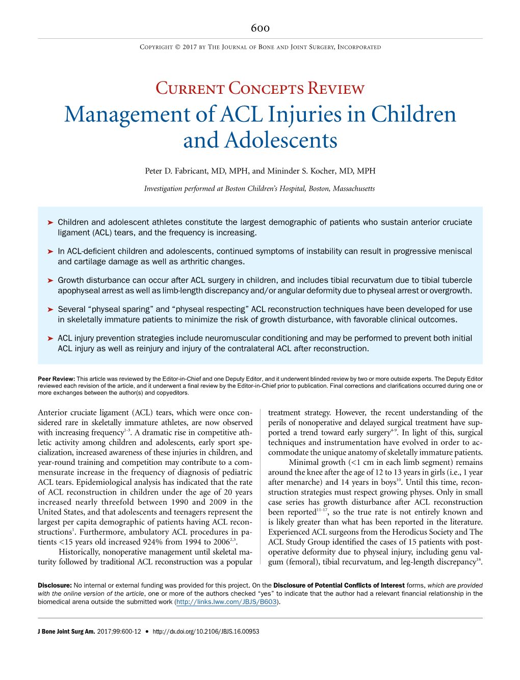 Management of ACL Injuries in Children and Adolescents