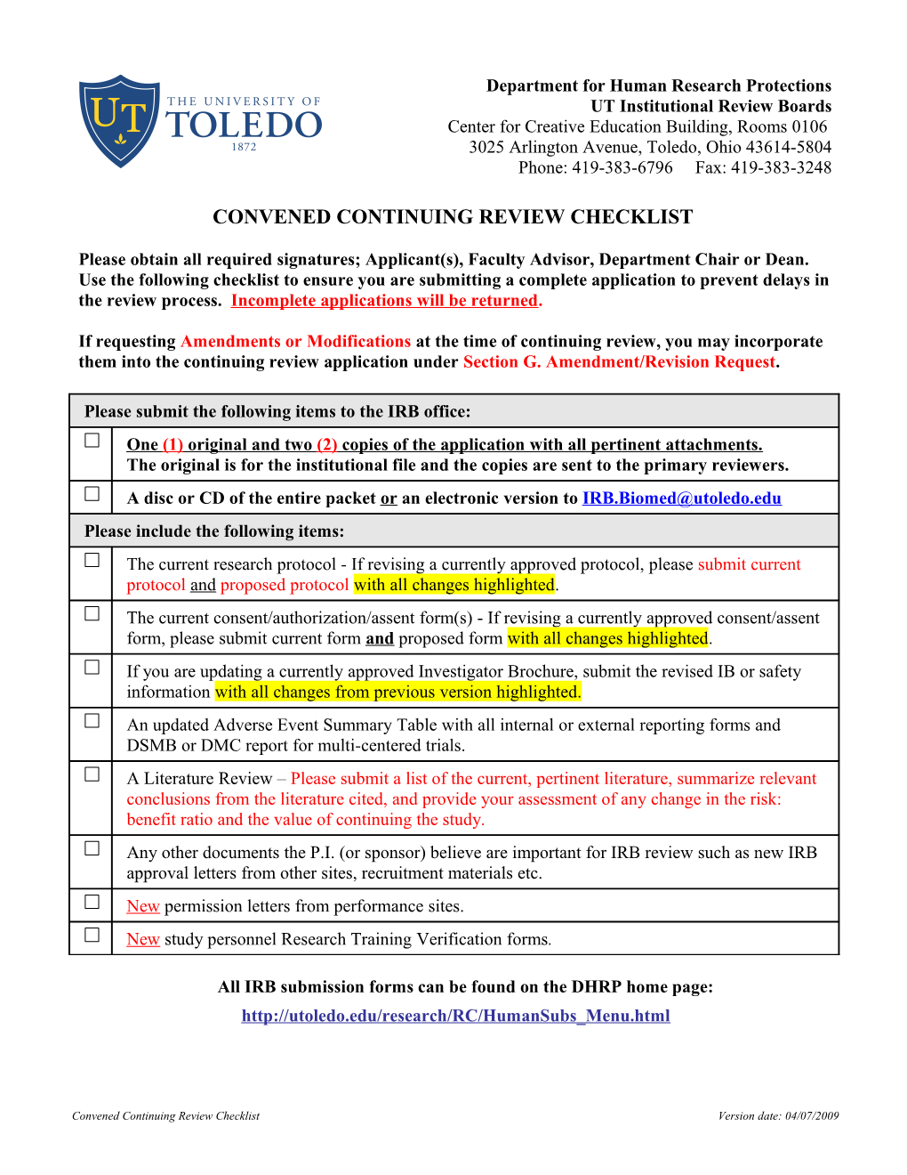 Convened Continuing Review Checklist