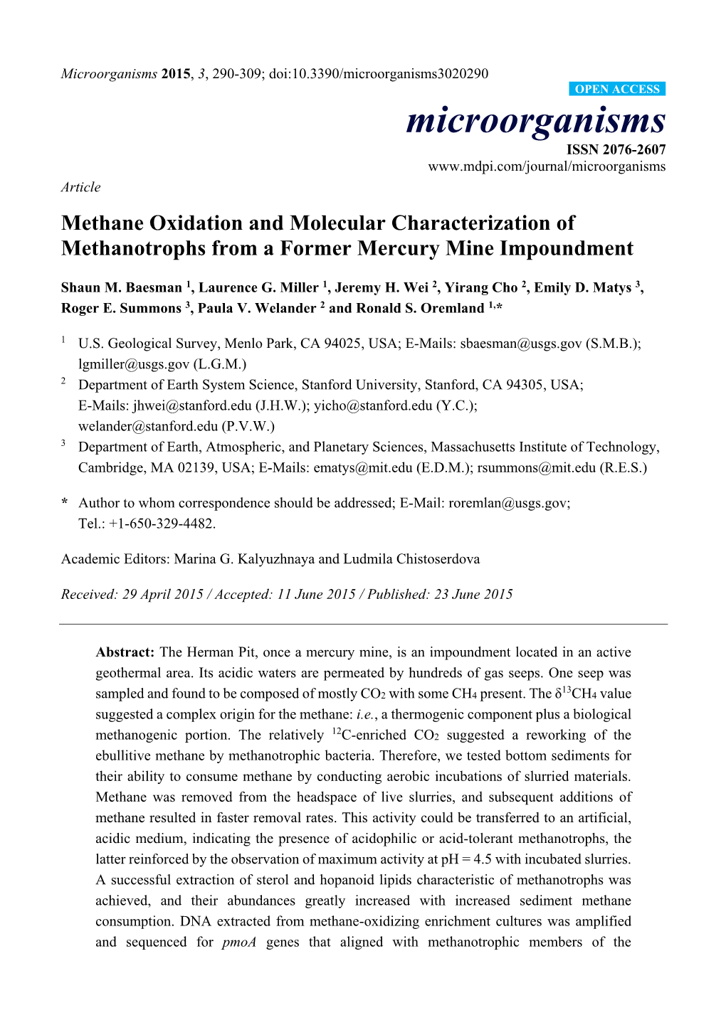 Methane Oxidation and Molecular Characterization of Methanotrophs from a Former Mercury Mine Impoundment