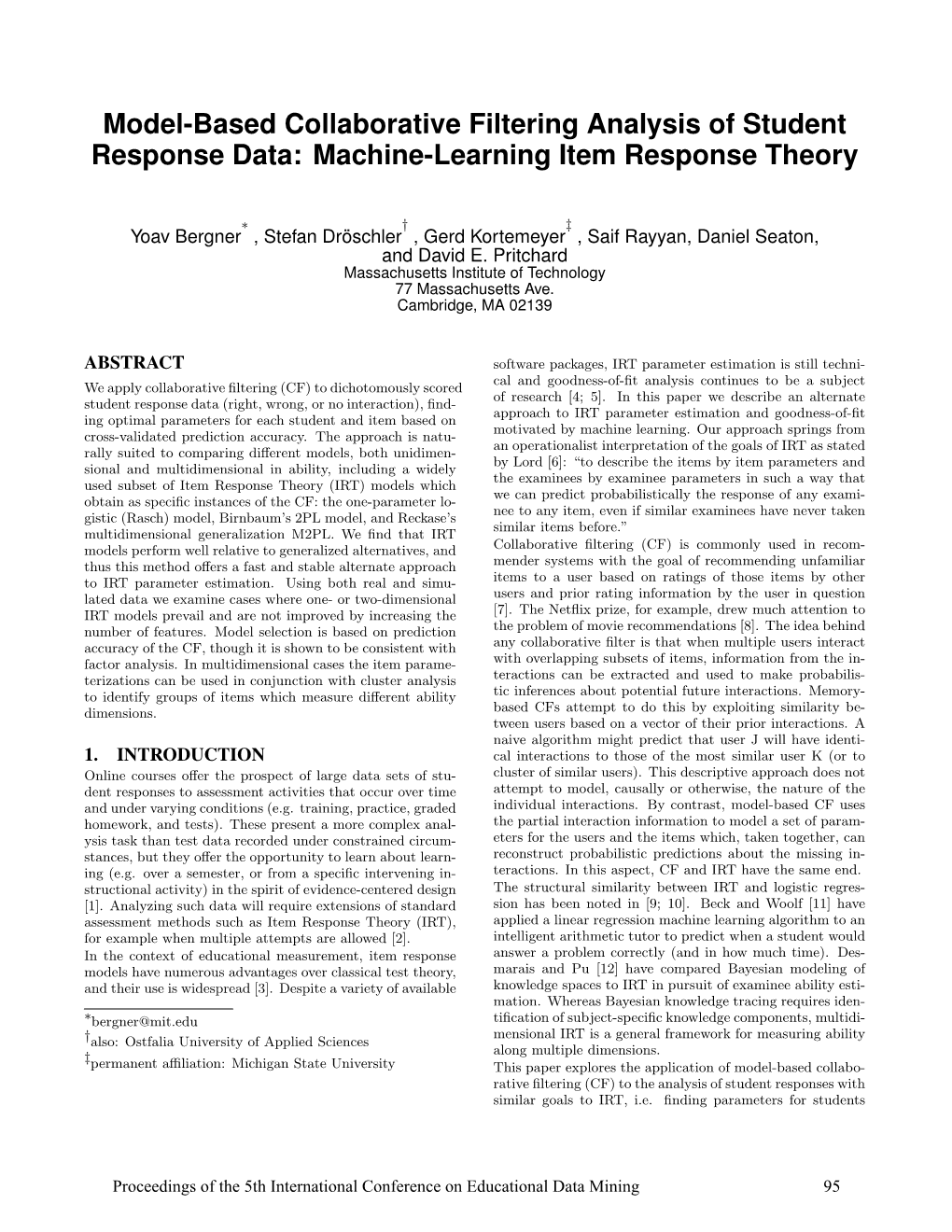 Model-Based Collaborative Filtering Analysis of Student Response Data: Machine-Learning Item Response Theory