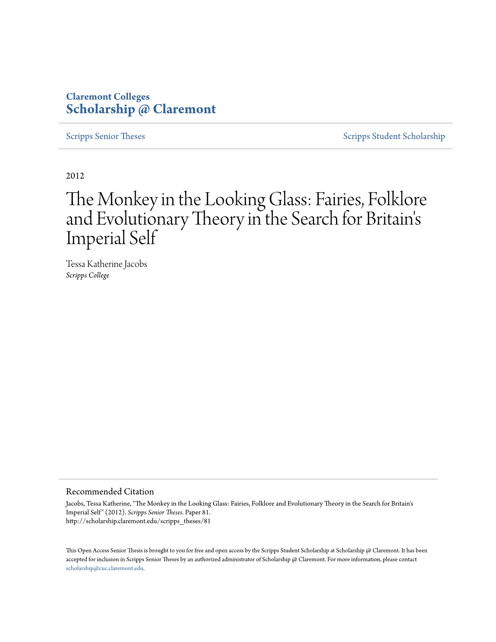 Fairies, Folklore and Evolutionary Theory in the Search for Britain's Imperial Self Tessa Katherine Jacobs Scripps College