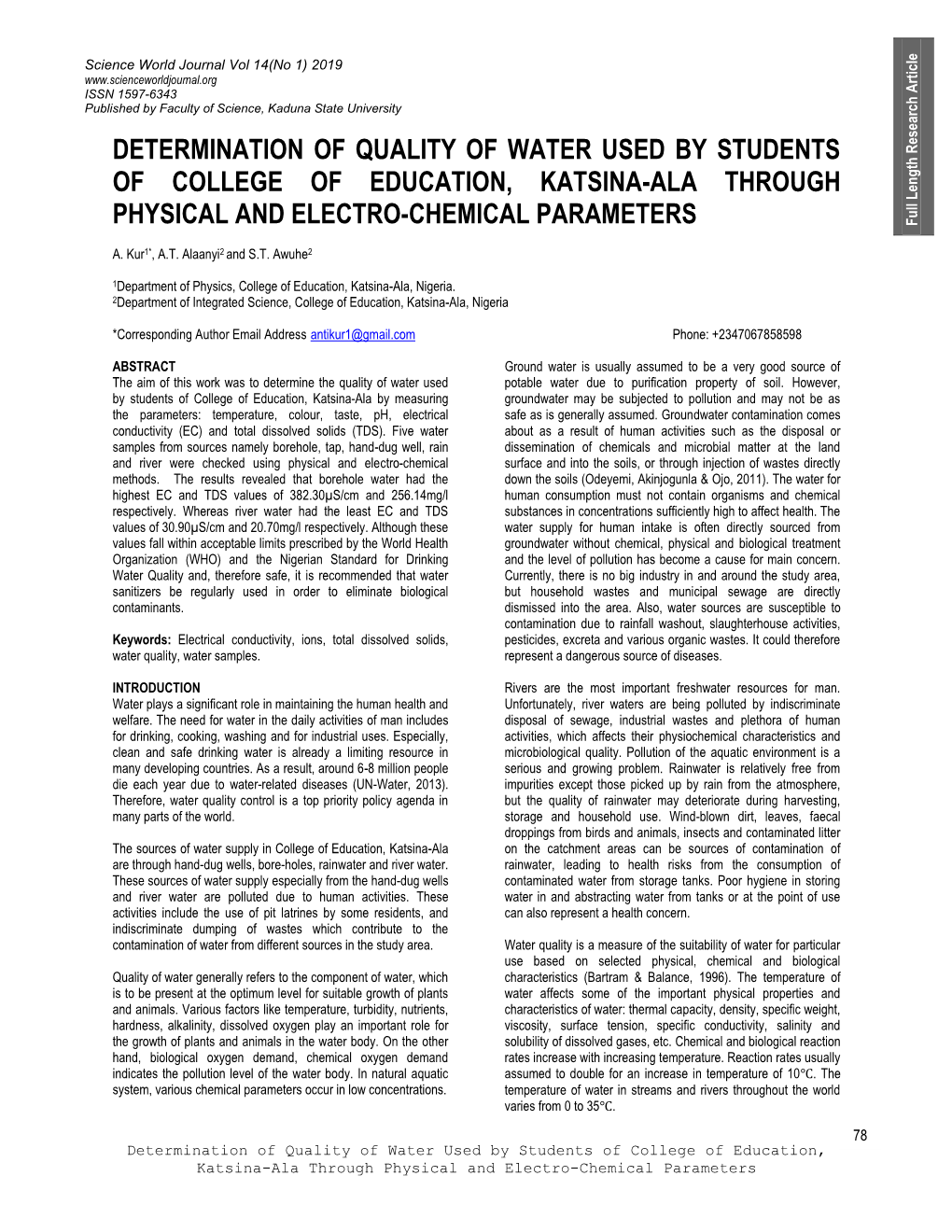 Determination of Quality of Water Used by Students of College of Education, Katsina-Ala Through