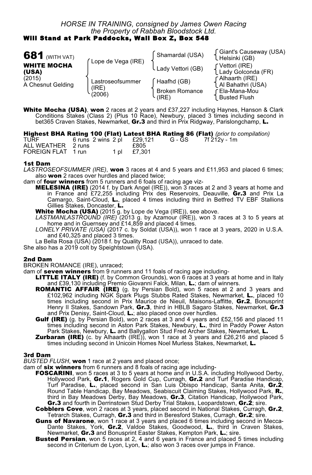 HORSE in TRAINING, Consigned by James Owen Racing the Property of Rabbah Bloodstock Ltd. Will Stand at Park Paddocks, Wall Box Z, Box 548