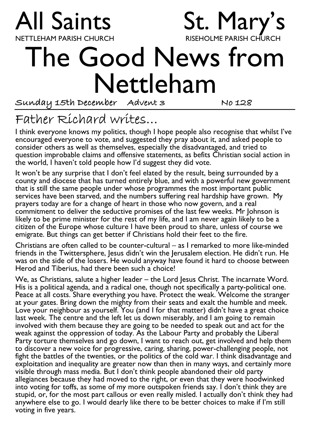 The Good News from Nettleham Sunday 15Th December Advent 3 No 128