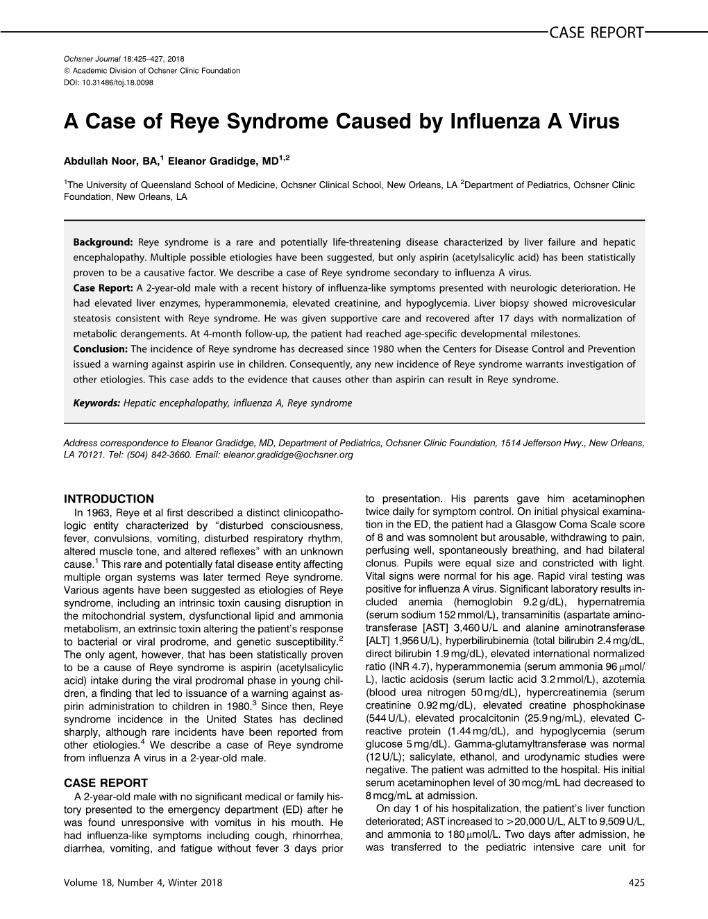 A Case of Reye Syndrome Caused by Influenza a Virus