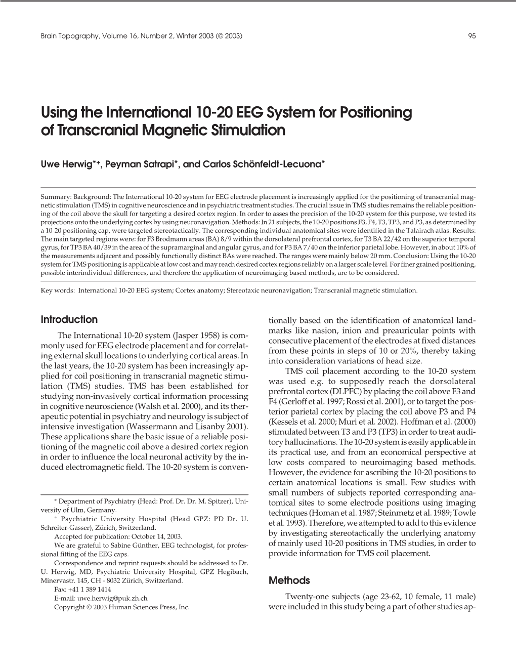 Using the International 10-20 EEG System for Positioning of Transcranial Magnetic Stimulation