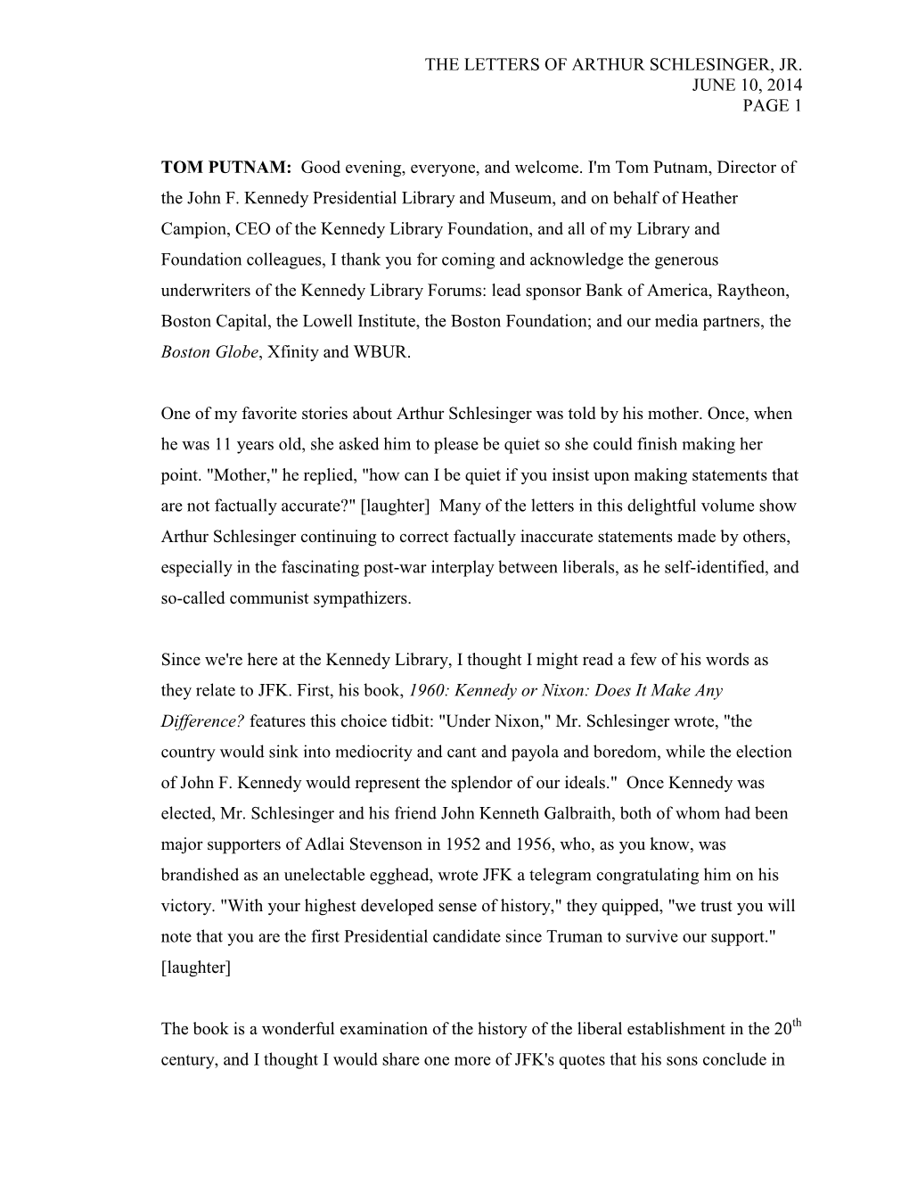 The Letters of Arthur Schlesinger, Jr. June 10, 2014 Page 1