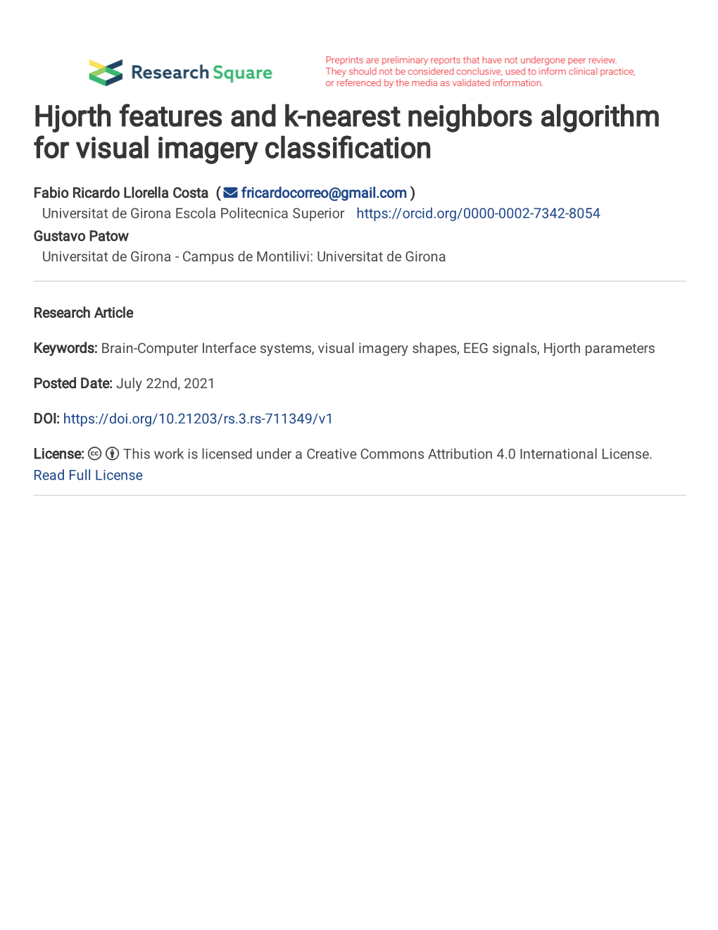 Hjorth Features and K-Nearest Neighbors Algorithm for Visual Imagery Classi Cation