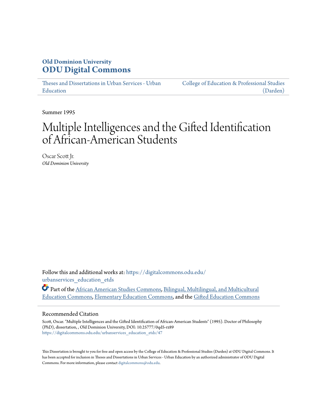 Multiple Intelligences and the Gifted Identification of African-American Students Oscar Scott Rj