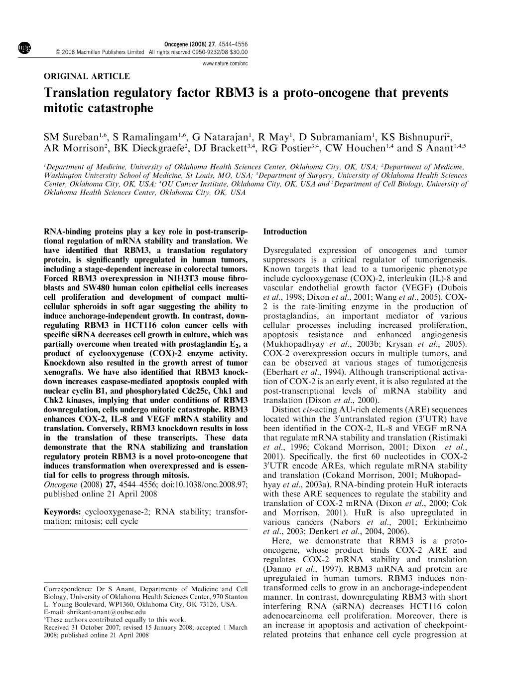 Translation Regulatory Factor RBM3 Is a Proto-Oncogene That Prevents Mitotic Catastrophe