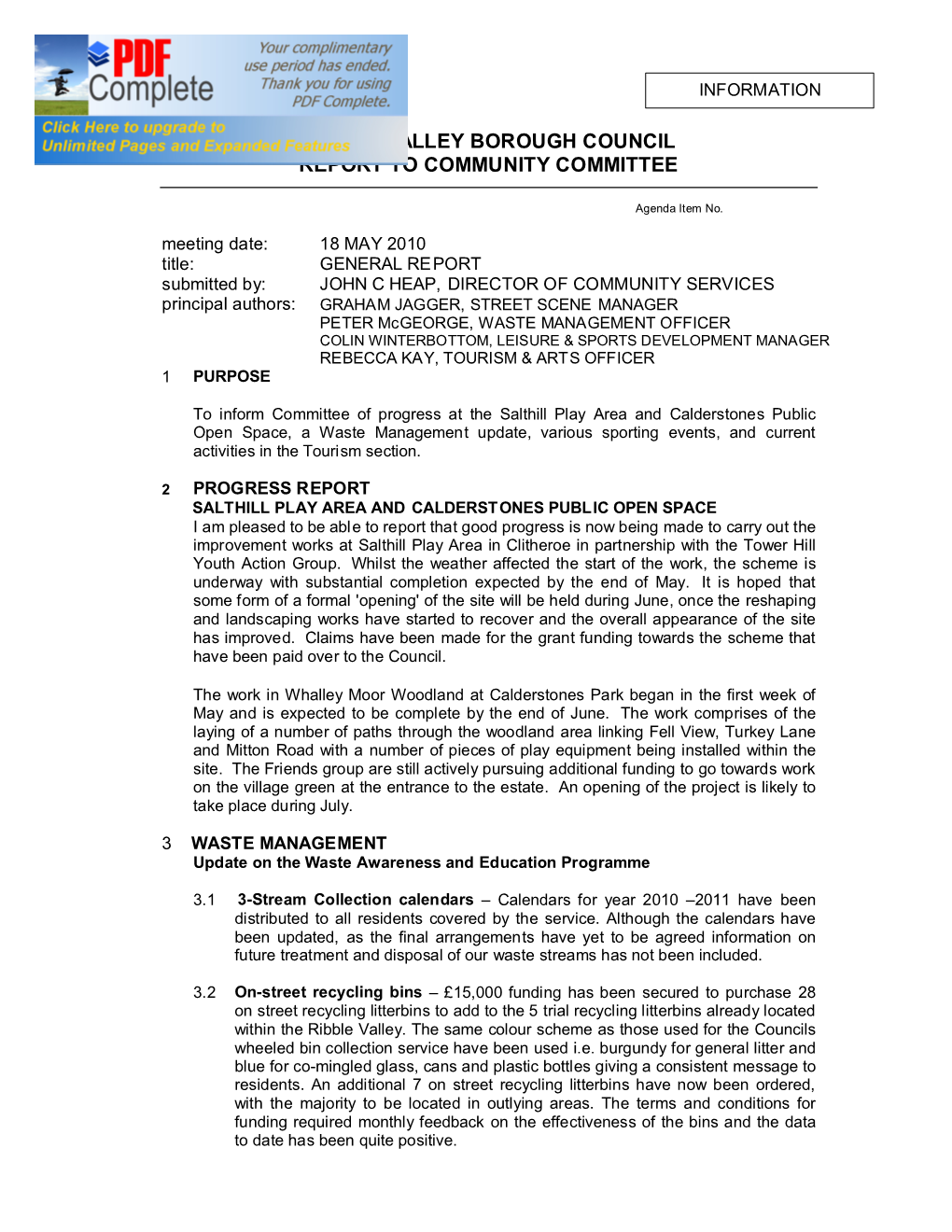 Ribble Valley Borough Council Report to Community Committee