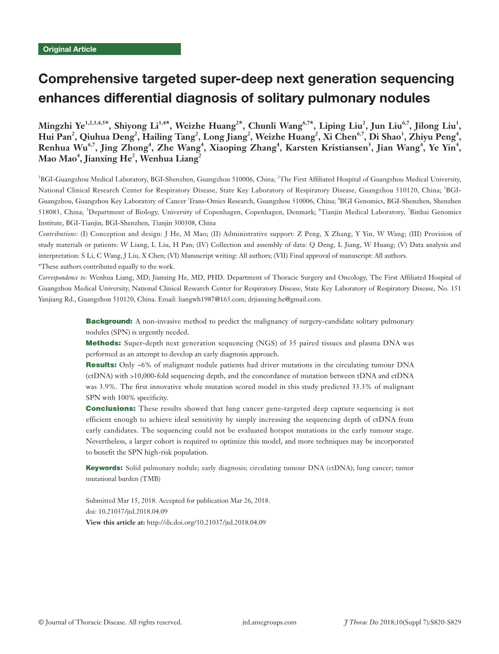 Comprehensive Targeted Super-Deep Next Generation Sequencing Enhances Differential Diagnosis of Solitary Pulmonary Nodules