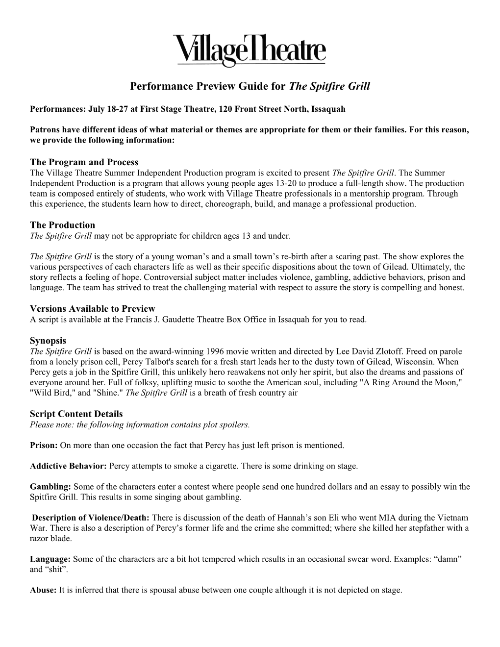 Performance Preview Guide for the Spitfire Grill
