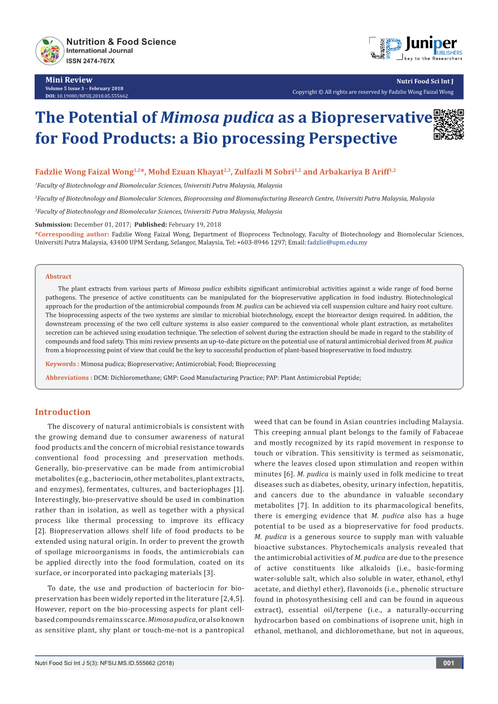 The Potential of Mimosa Pudica As a Biopreservative for Food Products: a Bio Processing Perspective