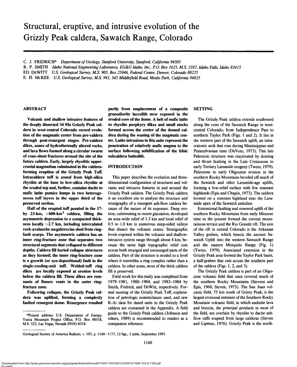 Structural, Eruptive, and Intrusive Evolution of the Grizzly Peak Caldera, Sawatch Range, Colorado