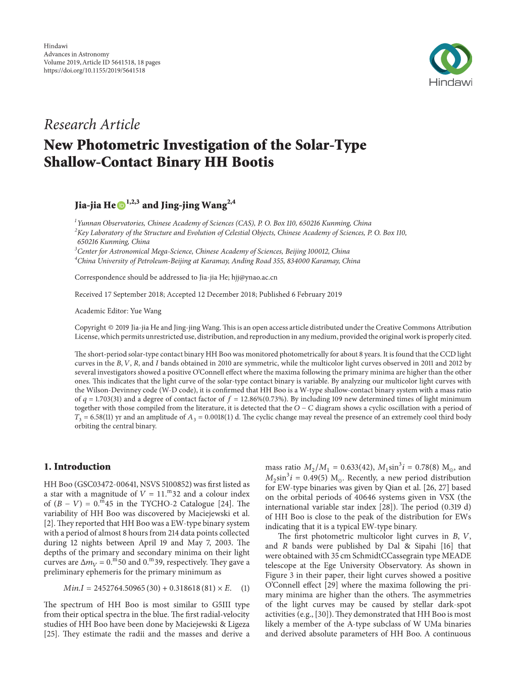 Research Article New Photometric Investigation of the Solar-Type Shallow-Contact Binary HH Bootis