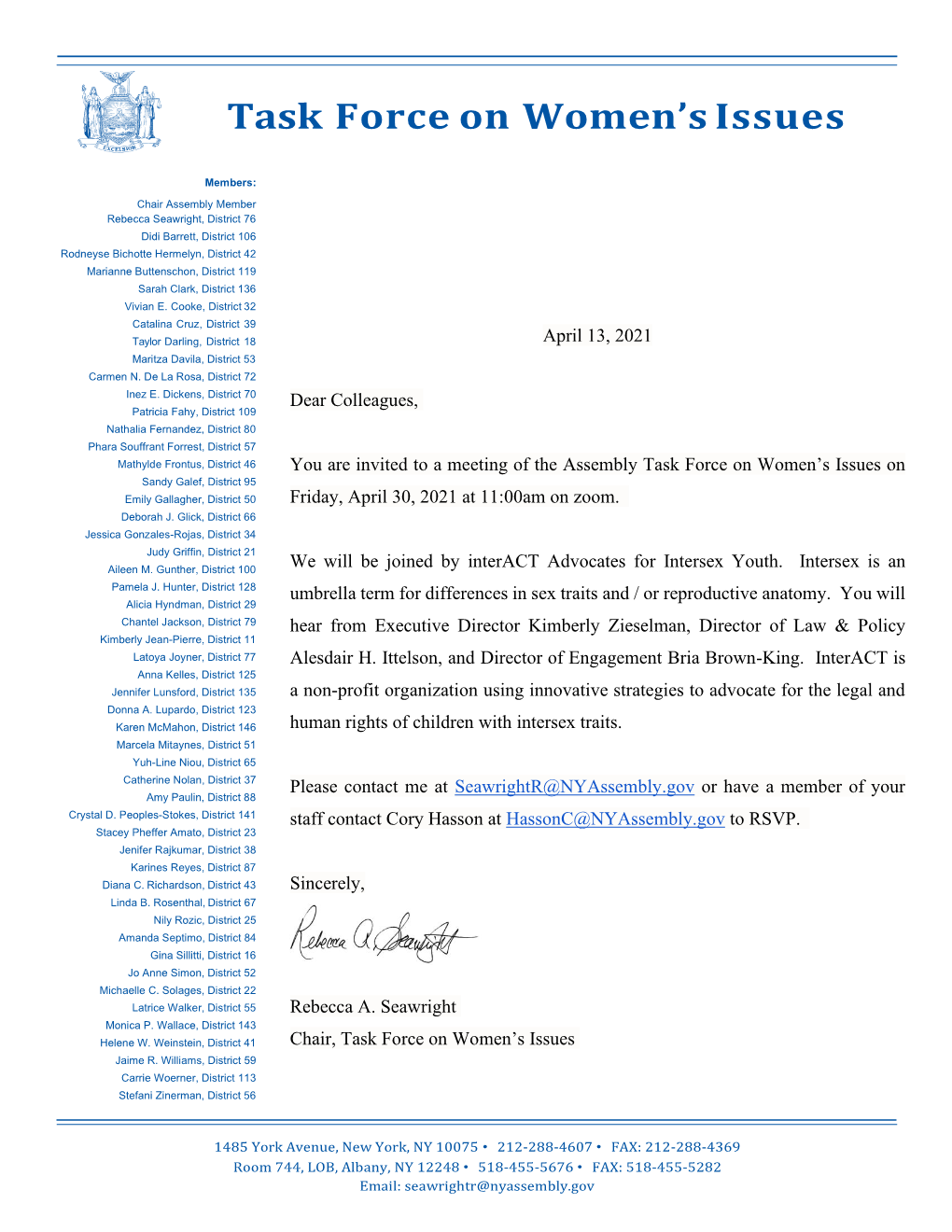 April 13, 2021 Dear Colleagues, You Are Invited to a Meeting of the Assembly Task Force on Women's Issues on Friday, April 30