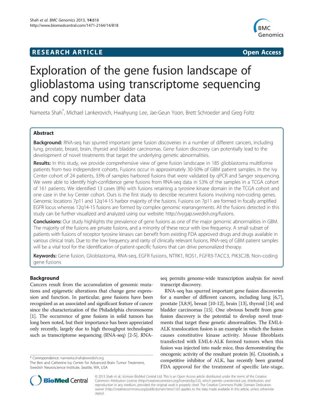 Exploration of the Gene Fusion Landscape of Glioblastoma Using