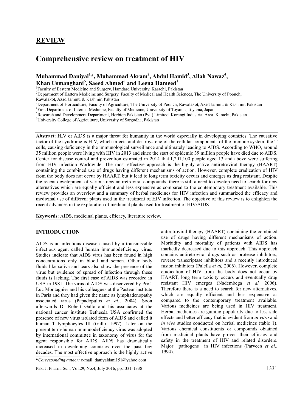 Comprehensive Review on Treatment of HIV