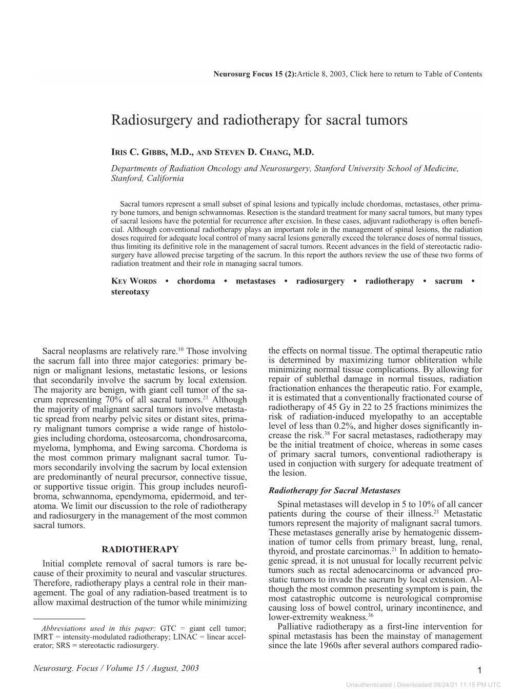 Radiosurgery and Radiotherapy for Sacral Tumors