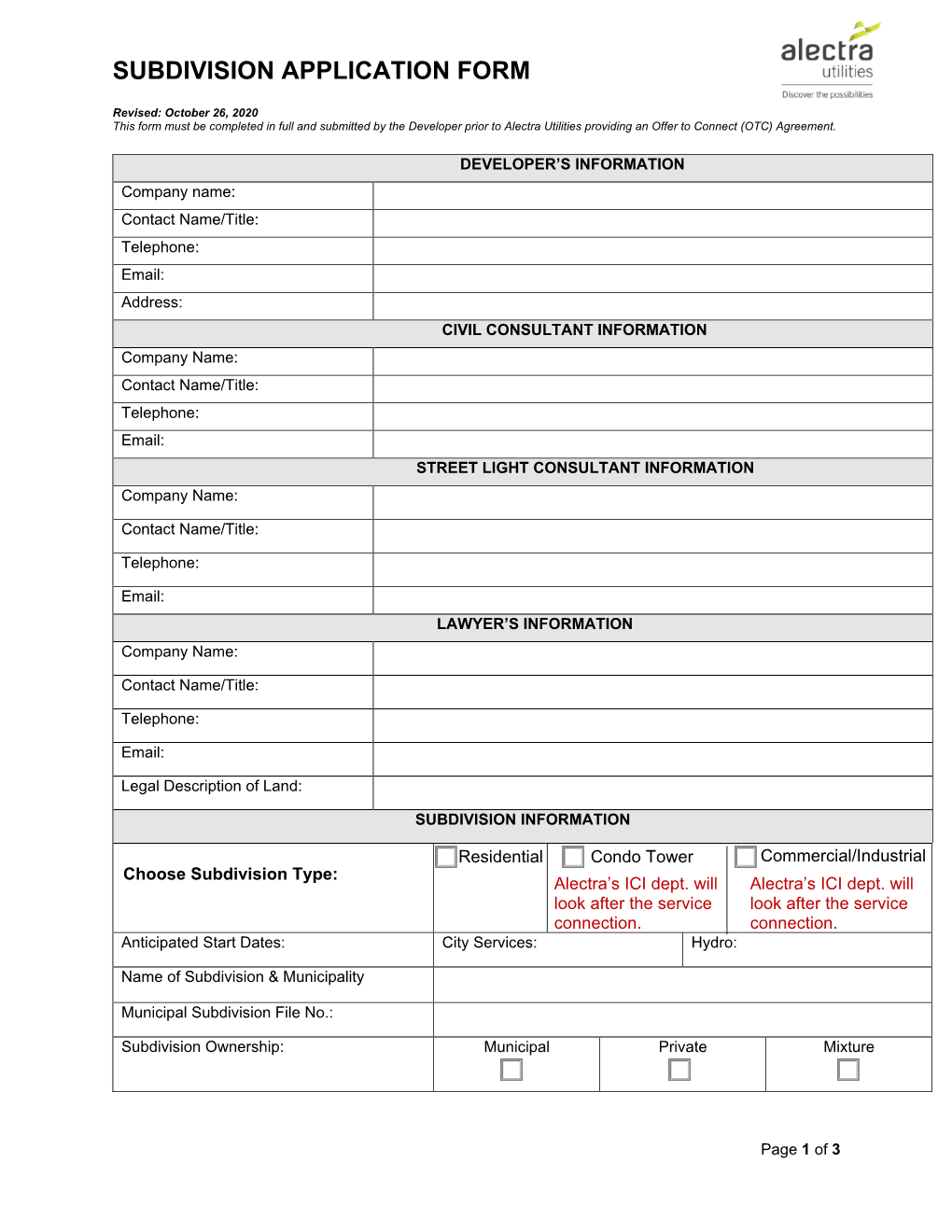 Alectra Utilities Subdivision Application Form