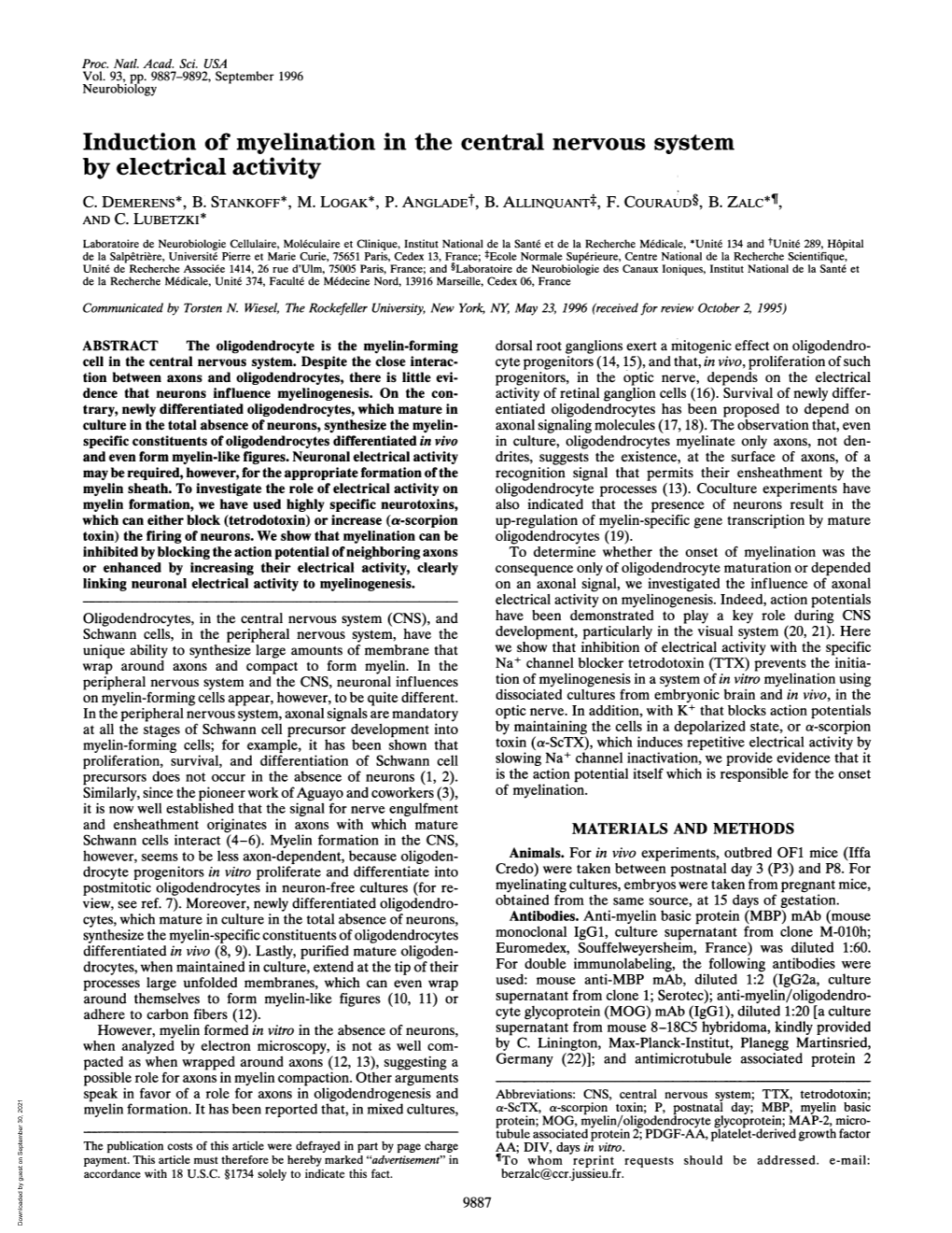 Induction of Myelination in the Central Nervous System by Electrical Activity C