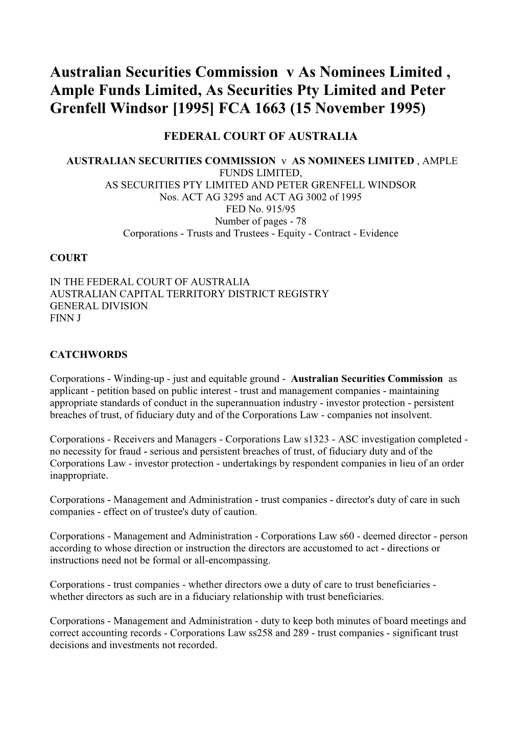 Australian Securities Commission V As Nominees Limited , Ample Funds Limited, As Securities Pty Limited and Peter Grenfell Windsor [1995] FCA 1663 (15 November 1995)