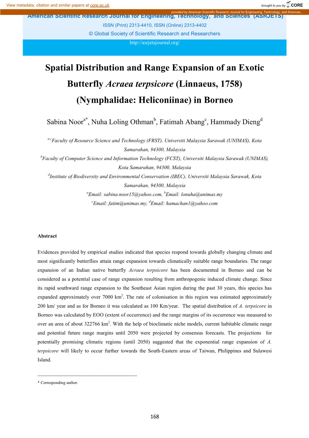 Spatial Distribution and Range Expansion of an Exotic Butterfly Acraea Terpsicore (Linnaeus, 1758) (Nymphalidae: Heliconiinae) in Borneo