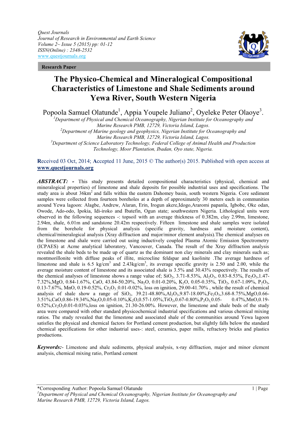 The Physico-Chemical and Mineralogical Compositional Characteristics of Limestone and Shale Sediments Around Yewa River, South Western Nigeria