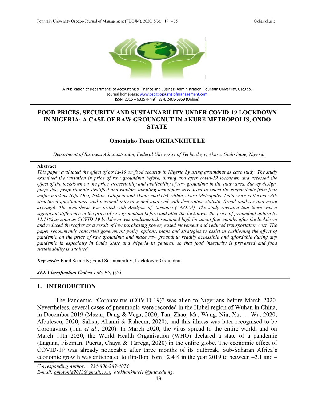 Food Prices, Security and Sustainability Under Covid-19 Lockdown in Nigeria: a Case of Raw Groungnut in Akure Metropolis, Ondo State