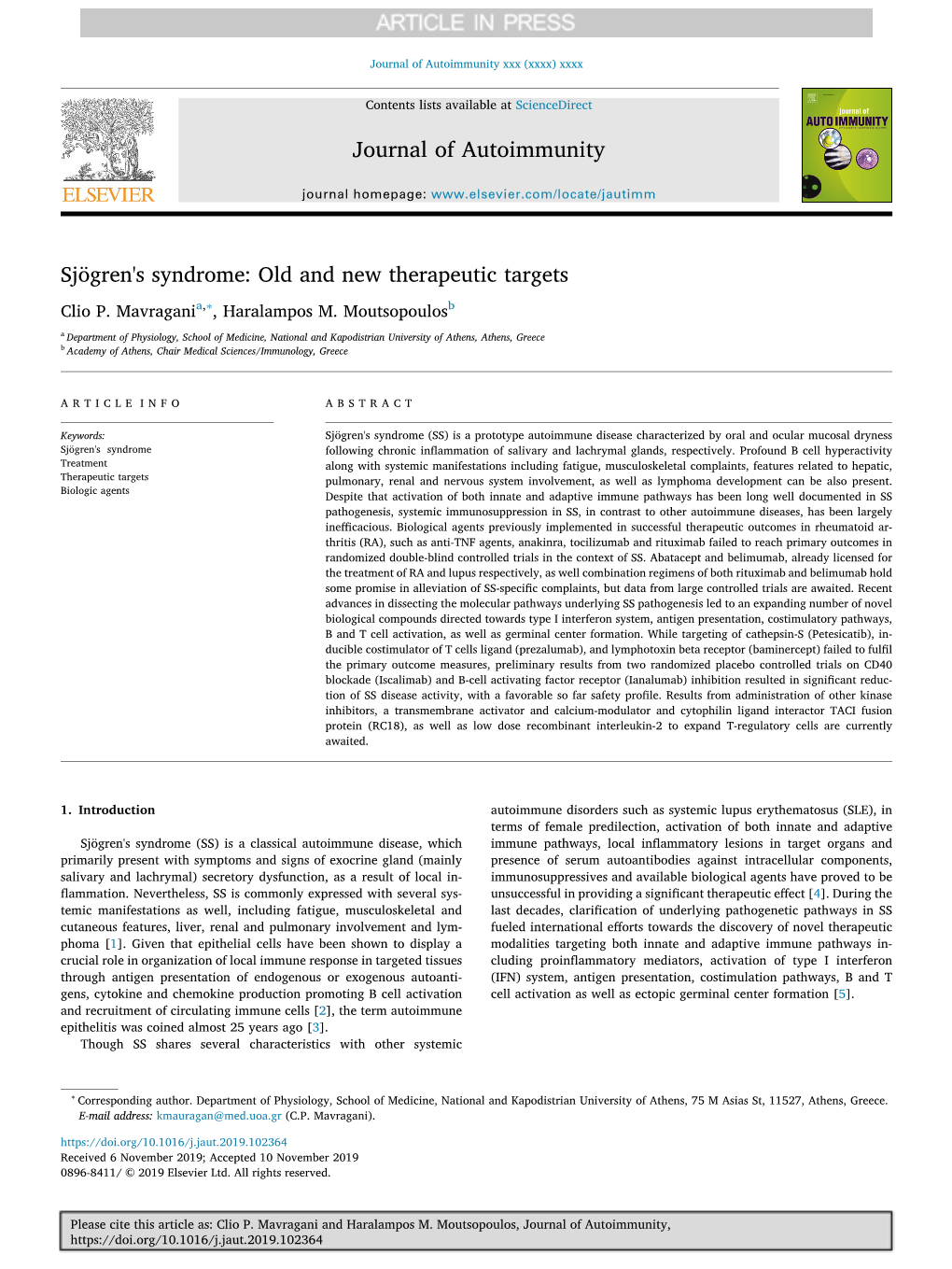 Sjögren's Syndrome Old and New Therapeutic Targets