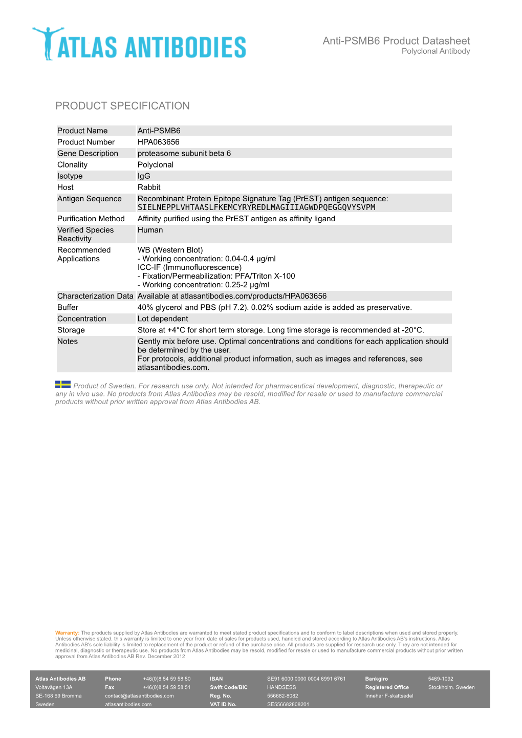 PRODUCT SPECIFICATION Anti-PSMB6 Product